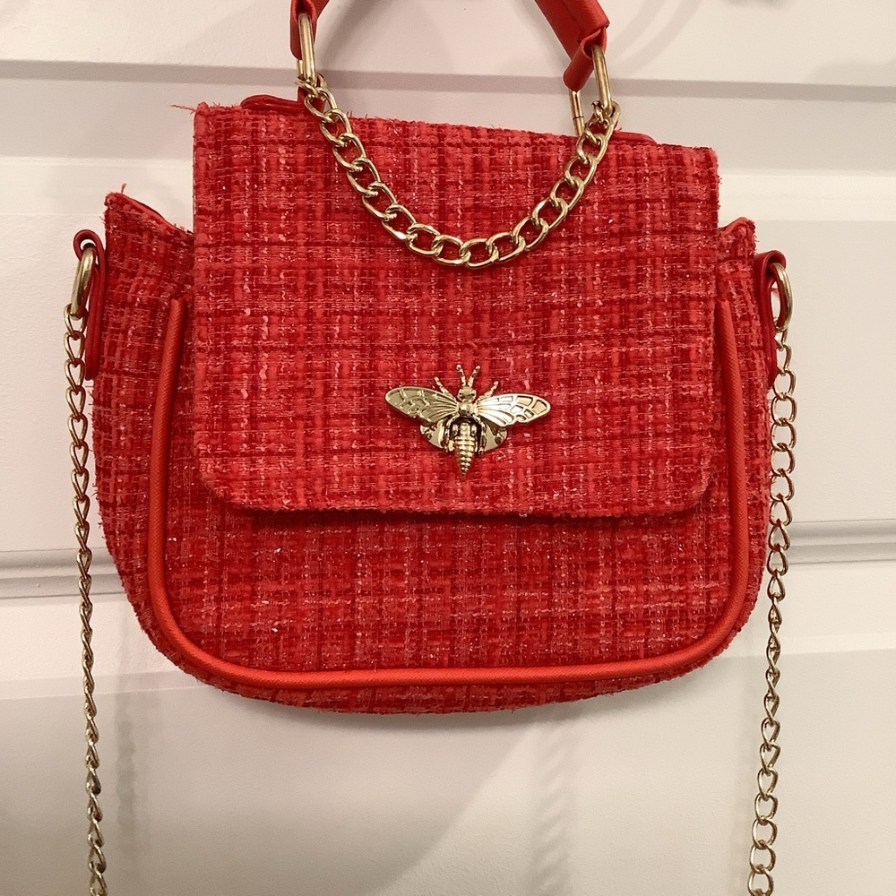 Under One Sky Red Tweed Crossbody Bag with Gold Chain